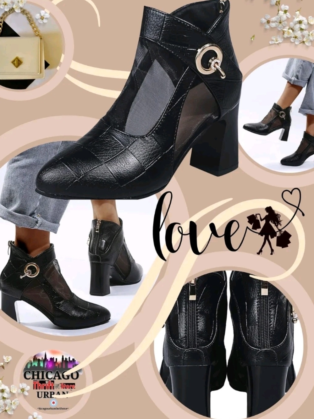 wsh-444 Women's Black Mesh faux Black Croc Ankle Boots Chunky Heel Like New